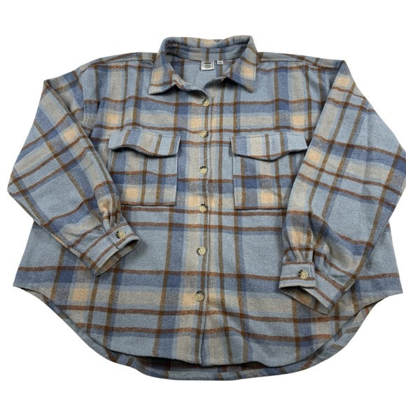 Ford Bronco Women's Graphic Flannel Shirt Shacket Plus Size 1X Plaid Blue/Brown - Picture 2 of 5